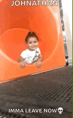 A Little Girl Is Sliding Down An Orange Slide With A Caption That Says Johnathan Imma Leave Now GIF