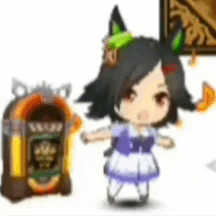 A Little Girl Is Standing Next To A Jukebox And A Picture . GIF