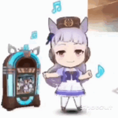 A Little Girl Is Standing Next To A Jukebox And Dancing . GIF