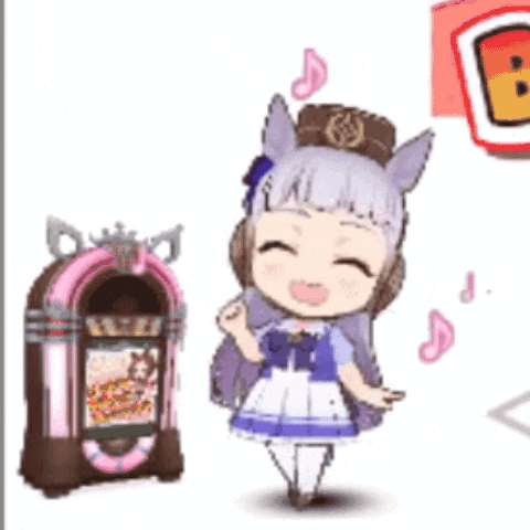 A Little Girl Is Standing Next To A Jukebox And Smiling GIF