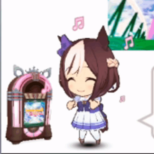 A Little Girl Is Standing Next To A Jukebox And Smiling GIF