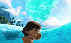 A Little Girl Is Swimming In The Ocean And Covering Her Face With Her Hand GIF