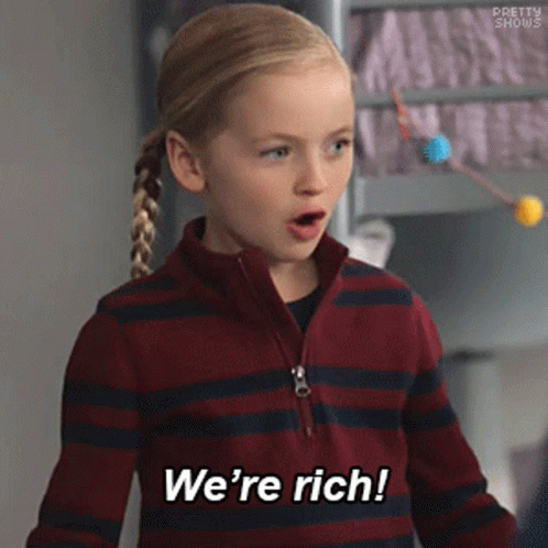 A Little Girl Is Wearing A Striped Sweater And Says We 'Re Rich . GIF