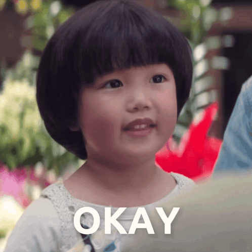A Little Girl Making A Face With The Word Okay In Front Of Her GIF