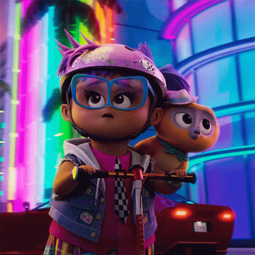 A Little Girl Riding A Scooter With A Stuffed Animal On Her Back GIF