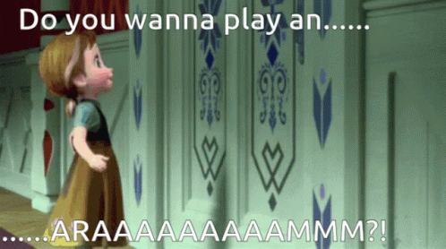 a little girl standing in front of a wall with the words " do you wanna play an "