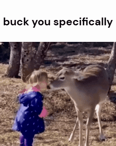 A Little Girl Standing Next To A Deer With The Words Buck You Specifically GIF