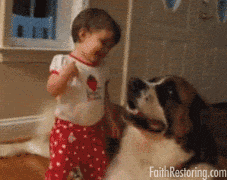 a little girl standing next to a dog with the website faith restoring.com visible