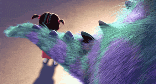 A Little Girl Standing Next To A Large Purple Furry Monster GIF