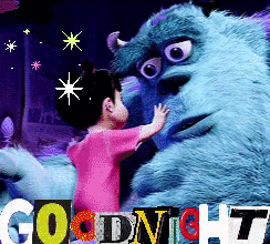 A Little Girl Standing Next To A Stuffed Animal That Says " Goodnight " GIF