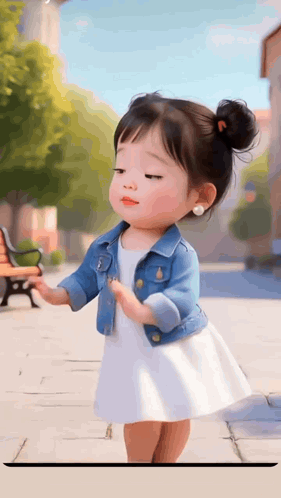 A Little Girl Wearing A Denim Jacket And A White Dress Is Walking Down A Sidewalk . GIF