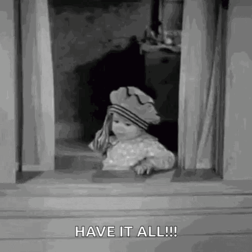 A Little Girl Wearing A Hat Is Looking Out Of A Window And Saying `` Have It All '' . GIF