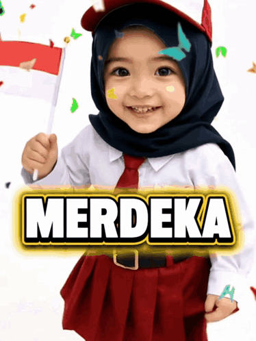 A Little Girl Wearing A Hijab And Tie Holds A Flag In Front Of A Sign That Says Merdeka GIF