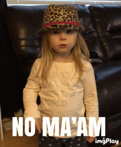 A Little Girl Wearing A Leopard Print Hat And A Shirt That Says No Ma Am GIF