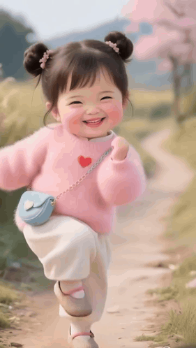 A Little Girl Wearing A Pink Sweater And White Pants Is Running Down A Dirt Road . GIF