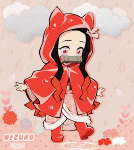 A Little Girl Wearing A Red Cape With The Name Nezuko On The Bottom Right GIF