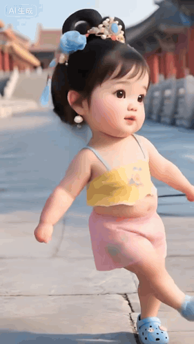 A Little Girl Wearing A Yellow Top And Pink Skirt Is Walking Down The Street GIF
