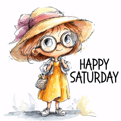 a little girl wearing glasses and a hat is holding a basket and says happy saturday