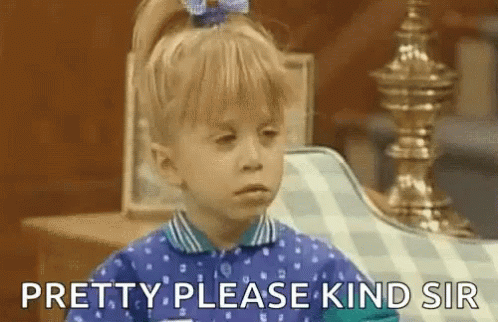 A Little Girl With A Bow In Her Hair Is Sitting On A Chair And Saying Pretty Please Kind Sir . GIF