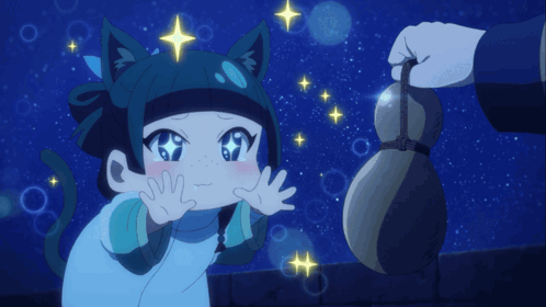 Girl With Cat Ear Hat Reaching For Person With Bag GIF