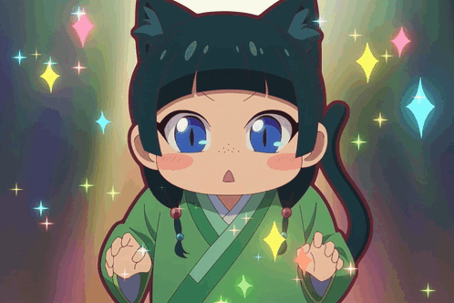 a little girl with a cat ear on her head is surrounded by sparkles