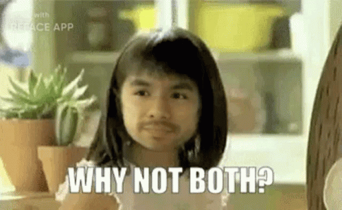 A Little Girl With A Fake Mustache Is Saying Why Not Both . GIF