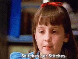 A Little Girl With A Red Bow In Her Hair Is Saying Snitches Get Stitches GIF