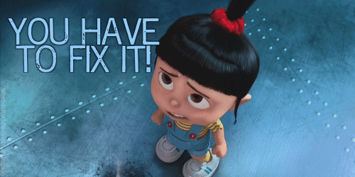 A Little Girl With A Red Bow In Her Hair Is Standing In Front Of A Sign That Says " You Have To Fix It " GIF