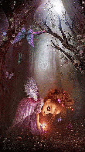 A Little Girl With Fairy Wings Is Surrounded By Butterflies And A Tree GIF