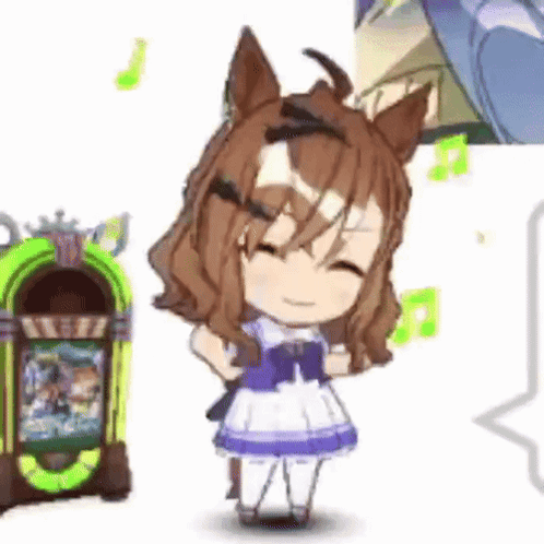 A Little Girl With Horse Ears Is Standing Next To A Jukebox And Smiling . GIF