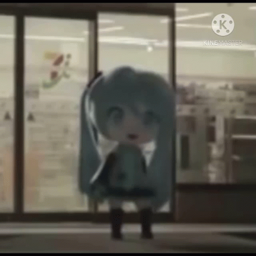 A Little Girl With Long Hair Is Standing In Front Of A Store Door . GIF