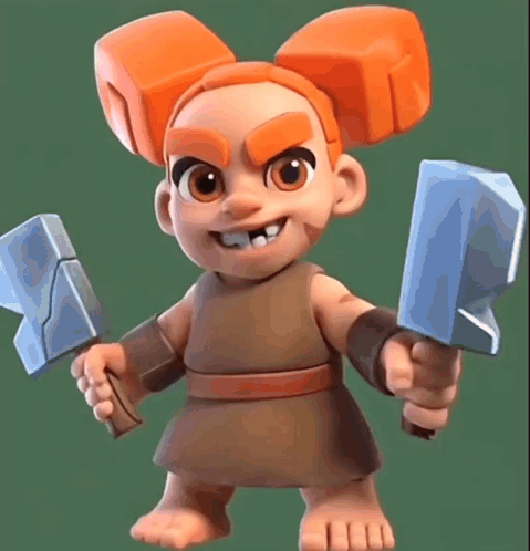 a little girl with orange hair is holding a hammer and a rock