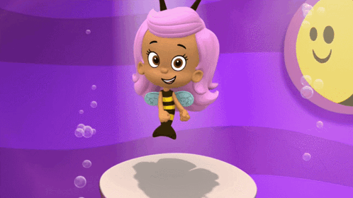 A Little Girl With Pink Hair And A Bee Outfit GIF
