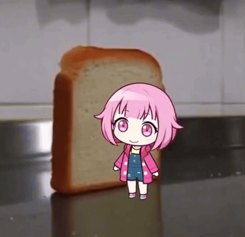 A Little Girl With Pink Hair Is Standing Next To A Loaf Of Bread GIF