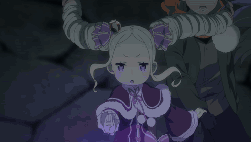 A Little Girl With Purple Hair And A Red Cape Is Standing In A Dark Room GIF
