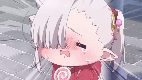 a little girl with white hair and a lollipop in her mouth