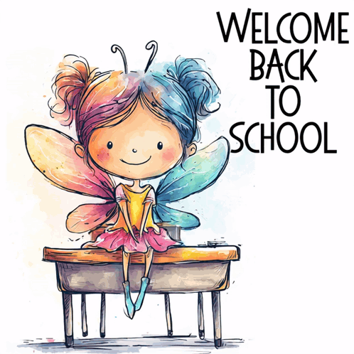A Little Girl With Wings Is Sitting On A Desk With The Words Welcome Back To School Behind Her GIF