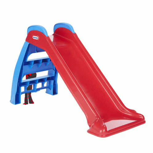 A Little Tikes Slide With A Black And Red Monster Standing Next To It GIF