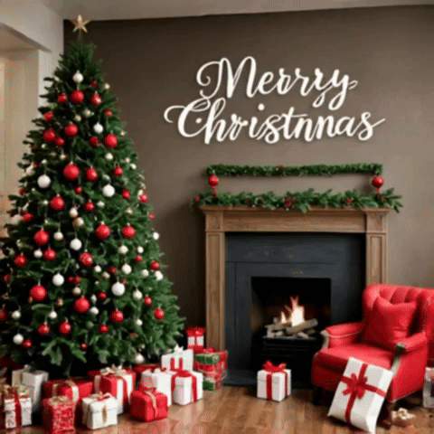 A Living Room Decorated For Christmas With A Christmas Tree And Fireplace And The Words Merry Christmas On The Wall GIF