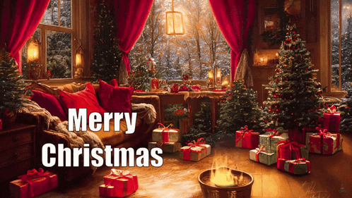 A Living Room Decorated For Christmas With The Words Merry Christmas On The Bottom GIF
