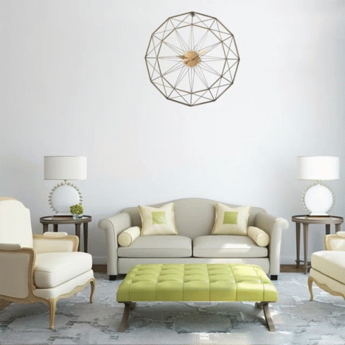 A Living Room With A Couch And Chairs And A Clock Above It GIF
