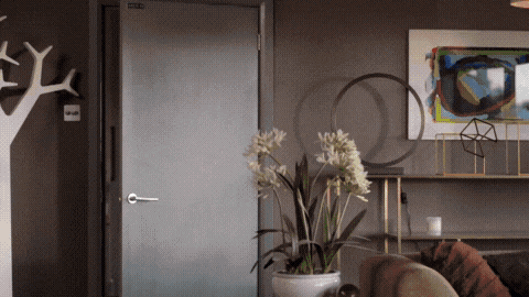 A Living Room With A Painting On The Wall And A Plant In Front Of A Door GIF