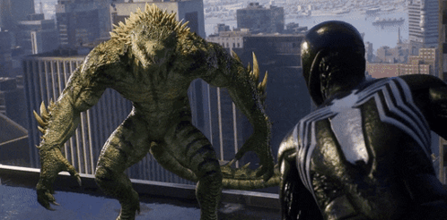 A Lizard Standing Next To A Spider Man In A Video Game GIF