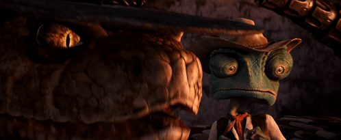 A Lizard Wearing A Cowboy Hat Stands Next To A Large Dragon GIF
