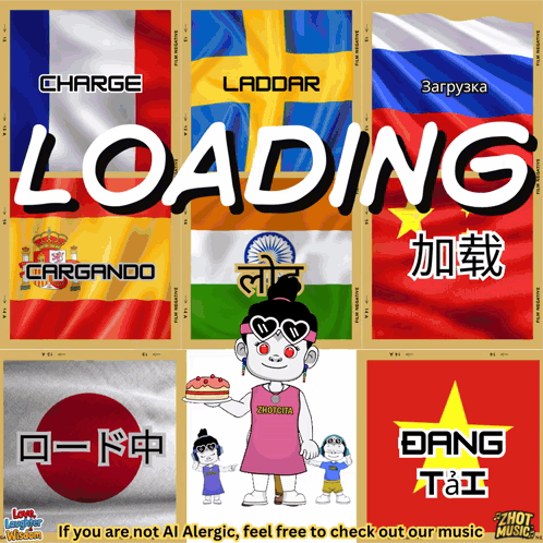 A Loading Screen Shows A Girl Holding A Cake In Front Of Flags From Different Countries GIF