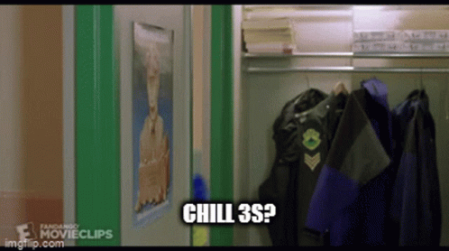 A Locker With Jackets Hanging On A Rack And A Sign That Says Chill 3S ? GIF