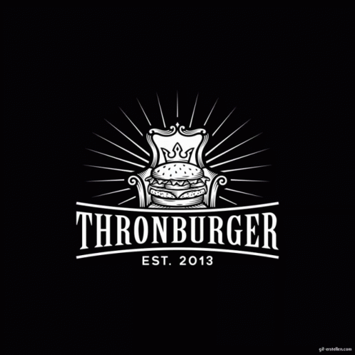 A Logo For A Restaurant Called Thornburger With A Hamburger In A Chair GIF