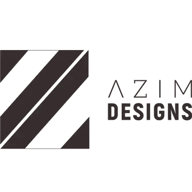a logo for azim designs with a black and white stripe