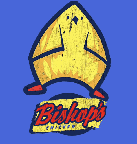 A Logo For Bishop 'S Chicken Shows A Yellow Chicken On A Blue Background GIF