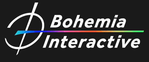 A Logo For Bohemia Interactive With A Rainbow Colored Arrow GIF